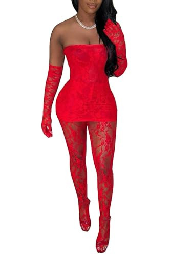 Mojessy Sexy Dresses for Women Clubwear Lace Tube Mini Dress Top with Stockings Set Birthday Outfits Red S | Amazon (US)