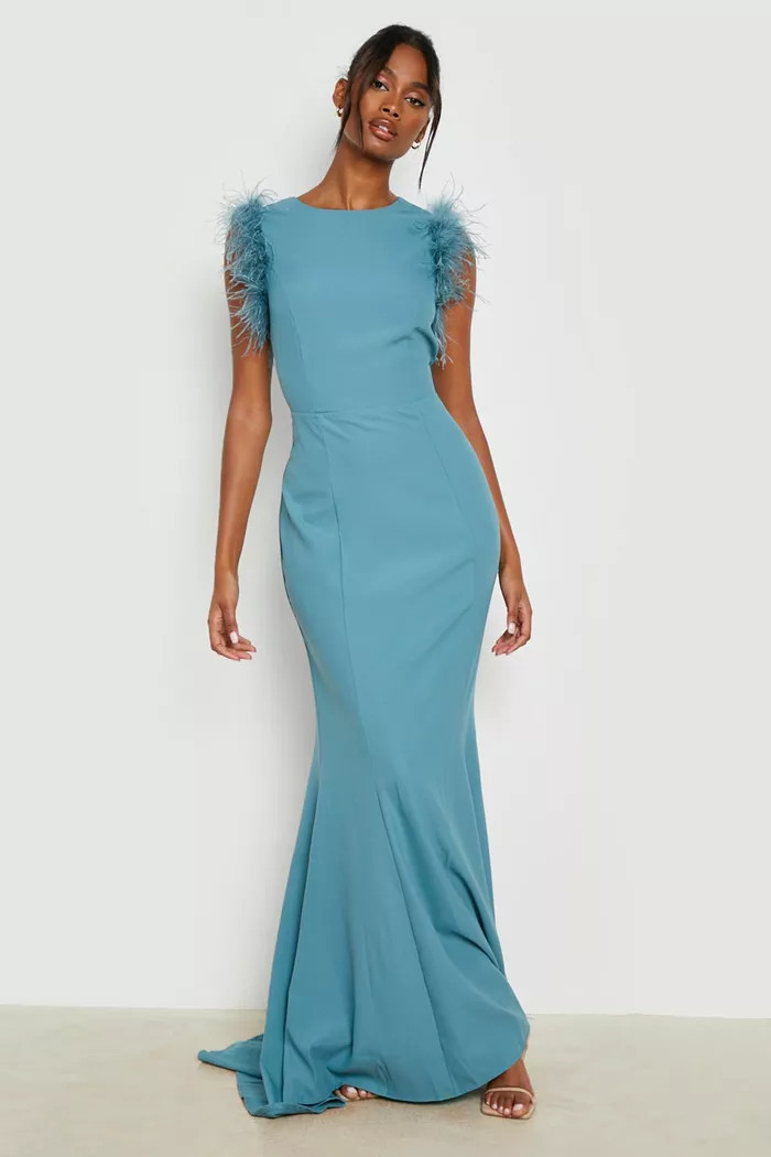 Feather Trim Open Back Fishtail Maxi Dress | Boohoo.com (US & CA)