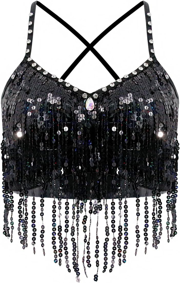 Mocure Womens Glitter Sequin Butterfly Crop Top Low-Cut Tank Top Rave Tube Vest Top for Belly Dance  | Amazon (US)