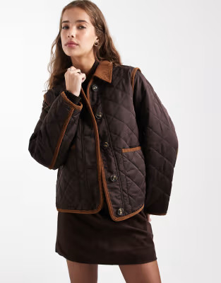 Vero Moda contrast collar quilted jacket in chocolate brown | ASOS (Global)