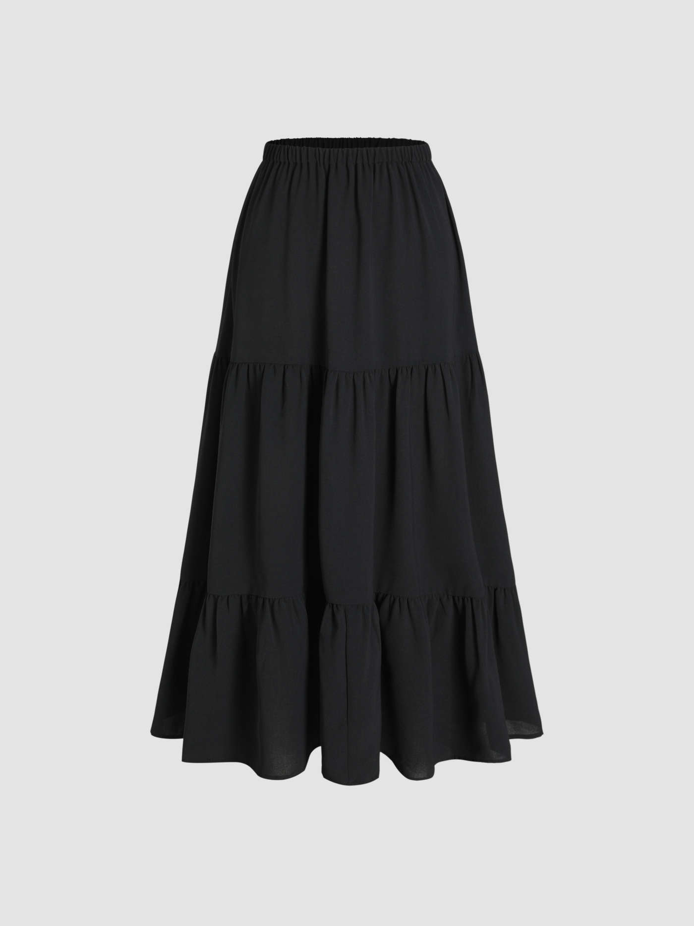 Solid Elastic Waist Ruffle Hem Tiered Midi Skirt | Cider