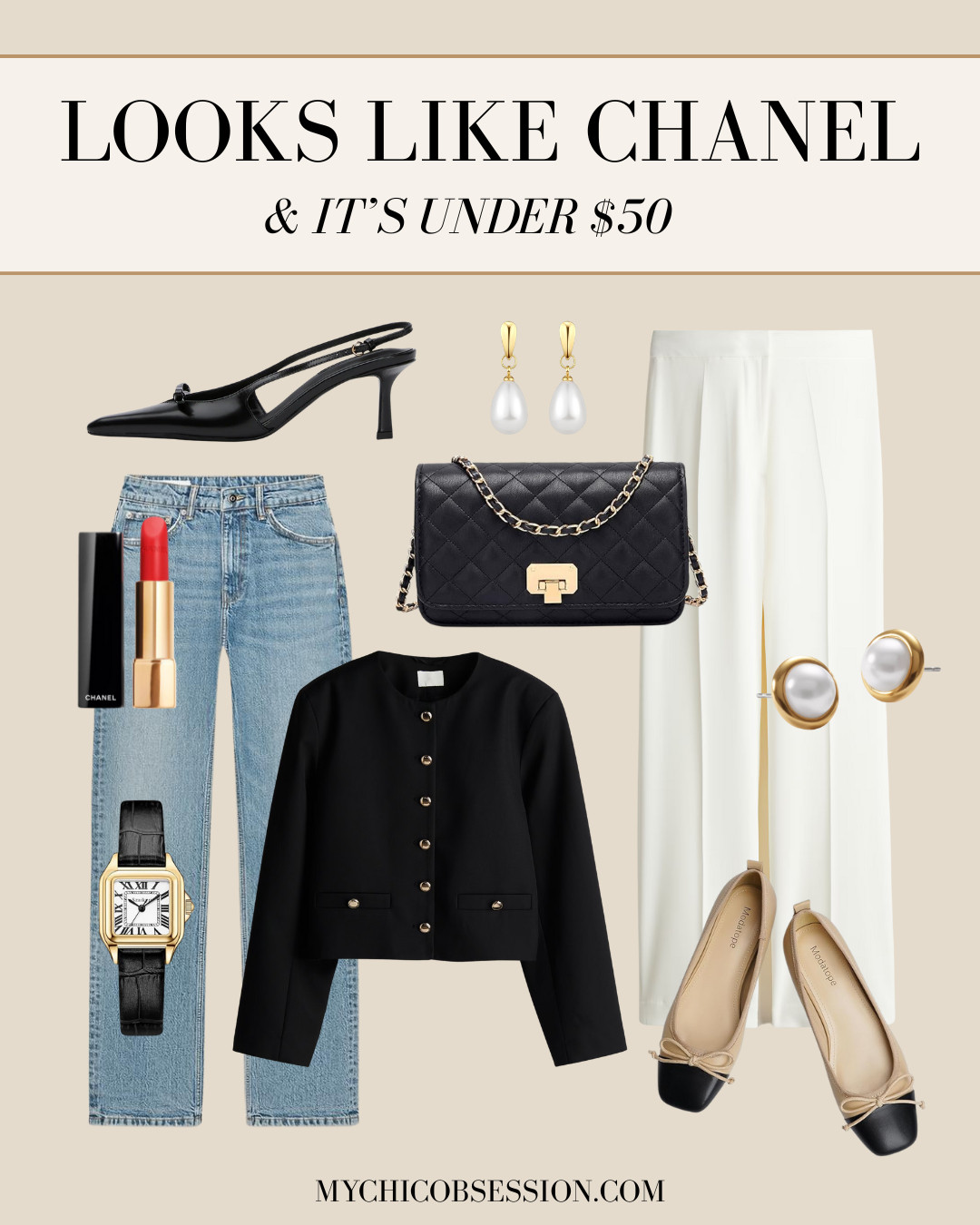 Looks like Chanel... and it's all under $50! Think quilted bags, pleated trousers, chic lady jackets, and classic accessories like pearl earrings, cap-toed ballet flats, and red lipstick. 

 #LTKSeasonal #LTKFindsUnder50 #LTKFindsUnder100