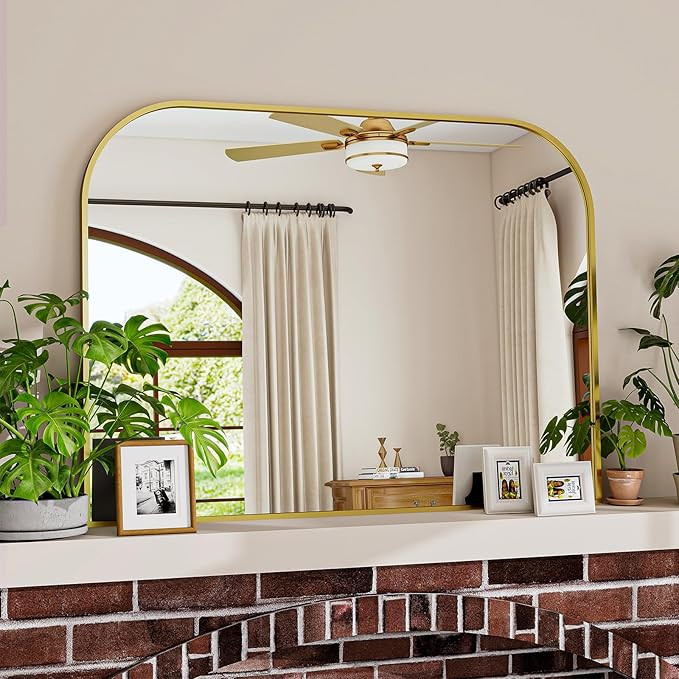 Gold Arched Top Wall Mounted Mirror - 38 x 30 Inch Round Cruved Top Bathroom Vanity Mirror, Alumi... | Amazon (US)