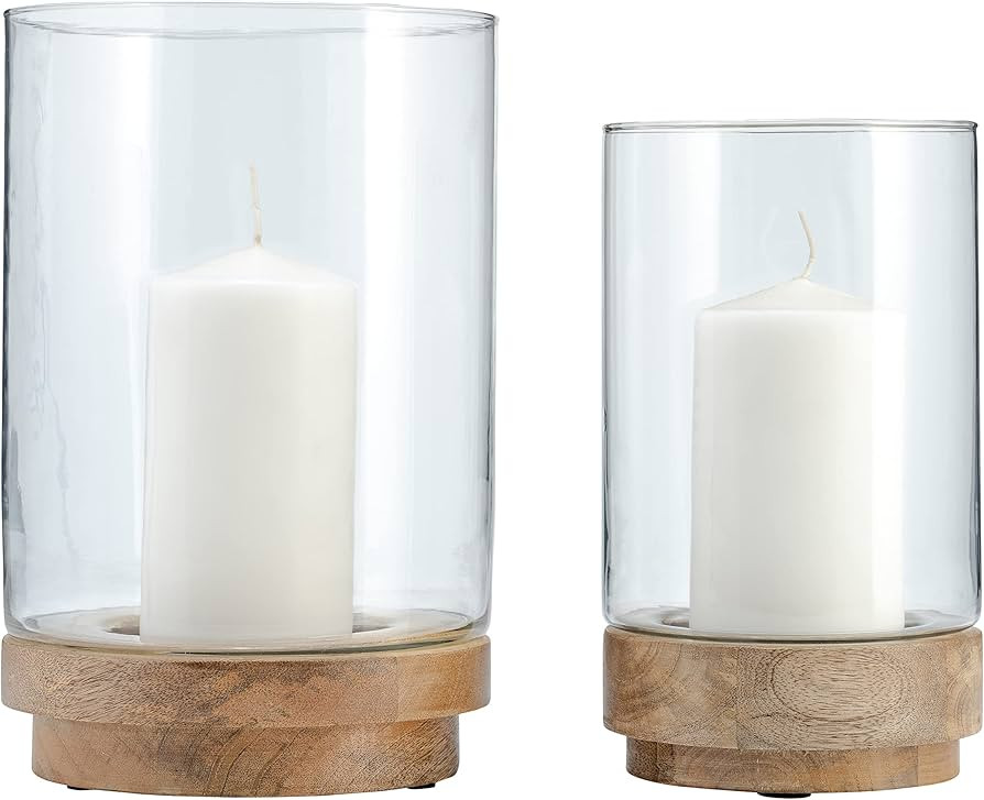 Sagebrook Home Set of 2 Pillar Candle Holders with Glass Hurricane Covers & Wooden Base - Rustic ... | Amazon (US)