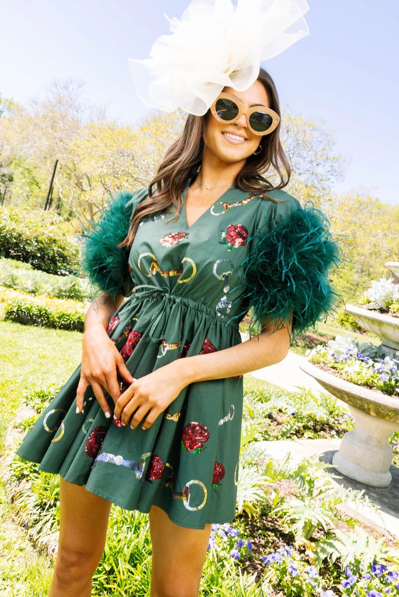 PREORDER: Emerald Green Feather Rose & Bit Dress | Queen of Sparkles
