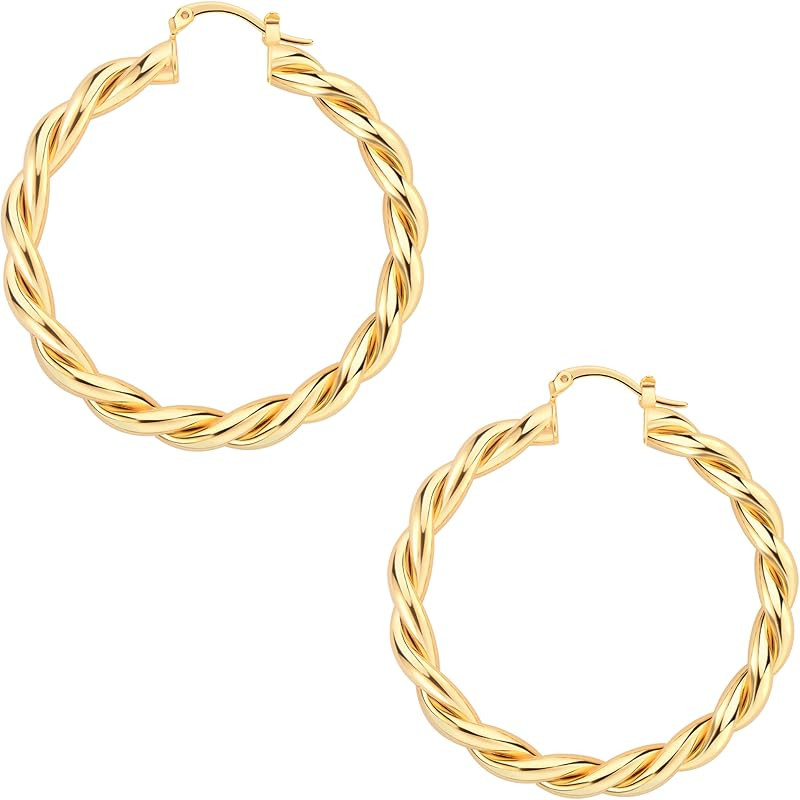 Wowshow Gold Hoop Earrings, Big Chunky Gold Hoop Earrings for Women Twisted Thick Gold Hoops 14K Rea | Amazon (US)