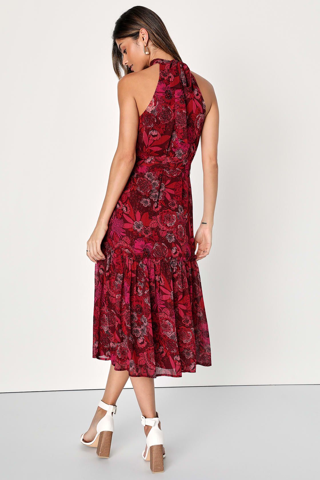 Standout Aesthetic Red Floral Lurex Halter Tiered Midi Dress | Lulus (US)