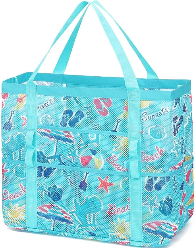 Fammart Mesh Beach Bag, Large Beach Tote with Zipper Pocket, Toys Pool Bag for Family Travel Vaca... | Amazon (US)