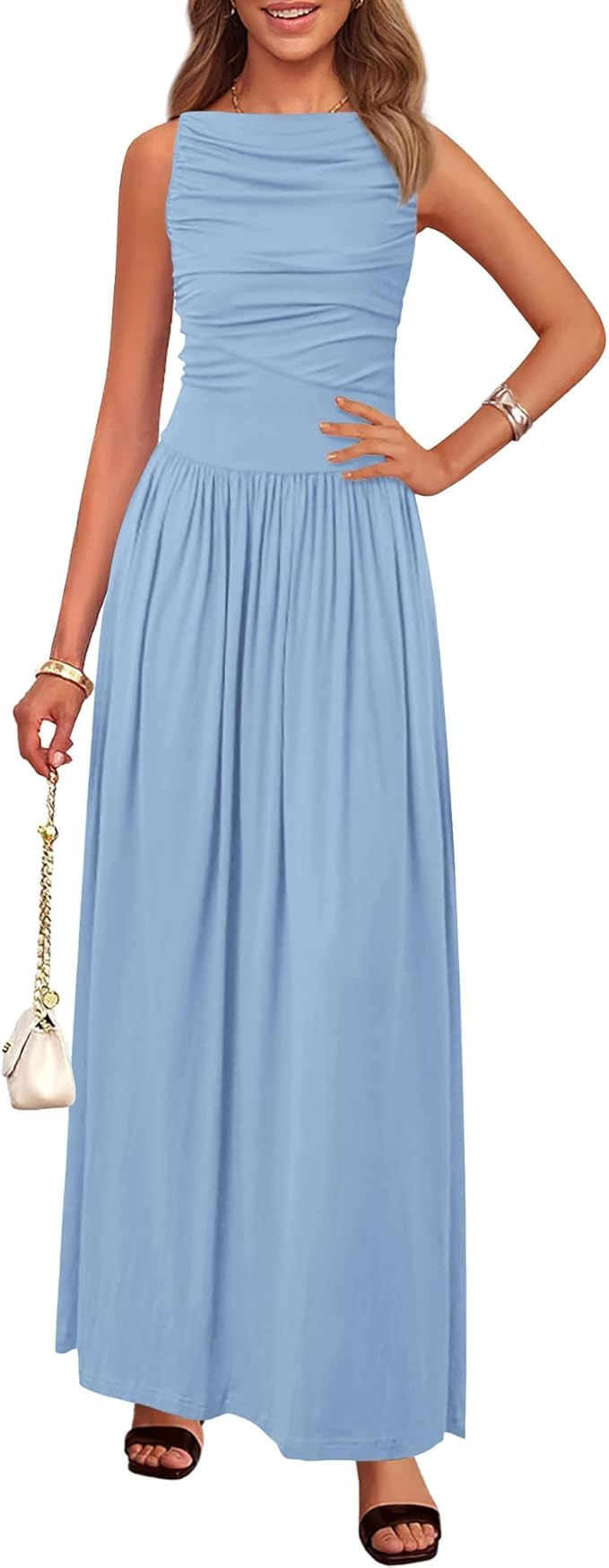 BTFBM Women 2025 Summer Sleeveless Ruched Maxi Dresses Boat Neck High Waist Wedding Guest Cocktai... | Amazon (US)