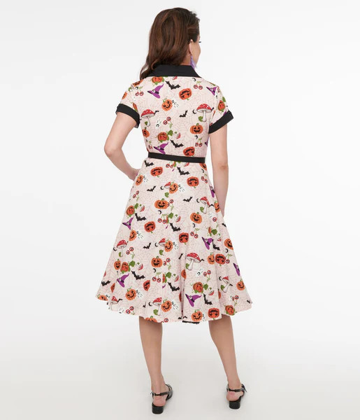 Unique Vintage 1950s Pink Halloween Print Alexis Swing Dress | UniqueVintage