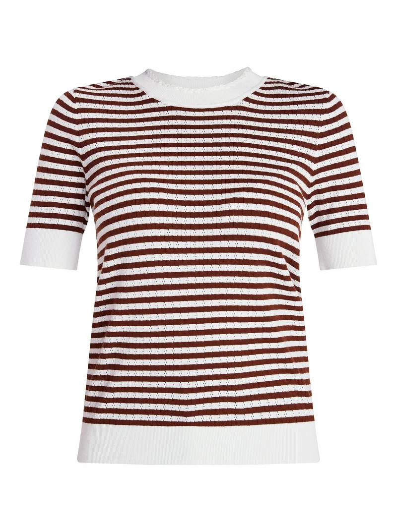 Time and Tru Women's Stripe Pointelle Rib Sweater with Short Sleeves, Lightweight, Sizes XS-XXXL | Walmart (US)