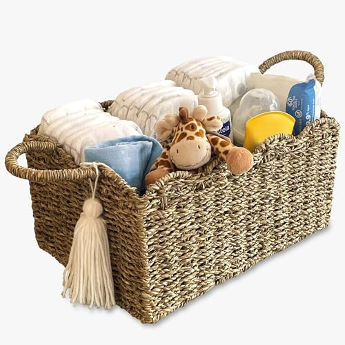 VIVIKA Baby Diaper Caddy Organizer- Handmade Scalloped Basket in Premium Seagrass with Dividers, Cute Baby Basket for Baby Shower, Baby Caddy Diaper Organizer for Changing Table, Baby Caddy Organizer | Amazon (US)