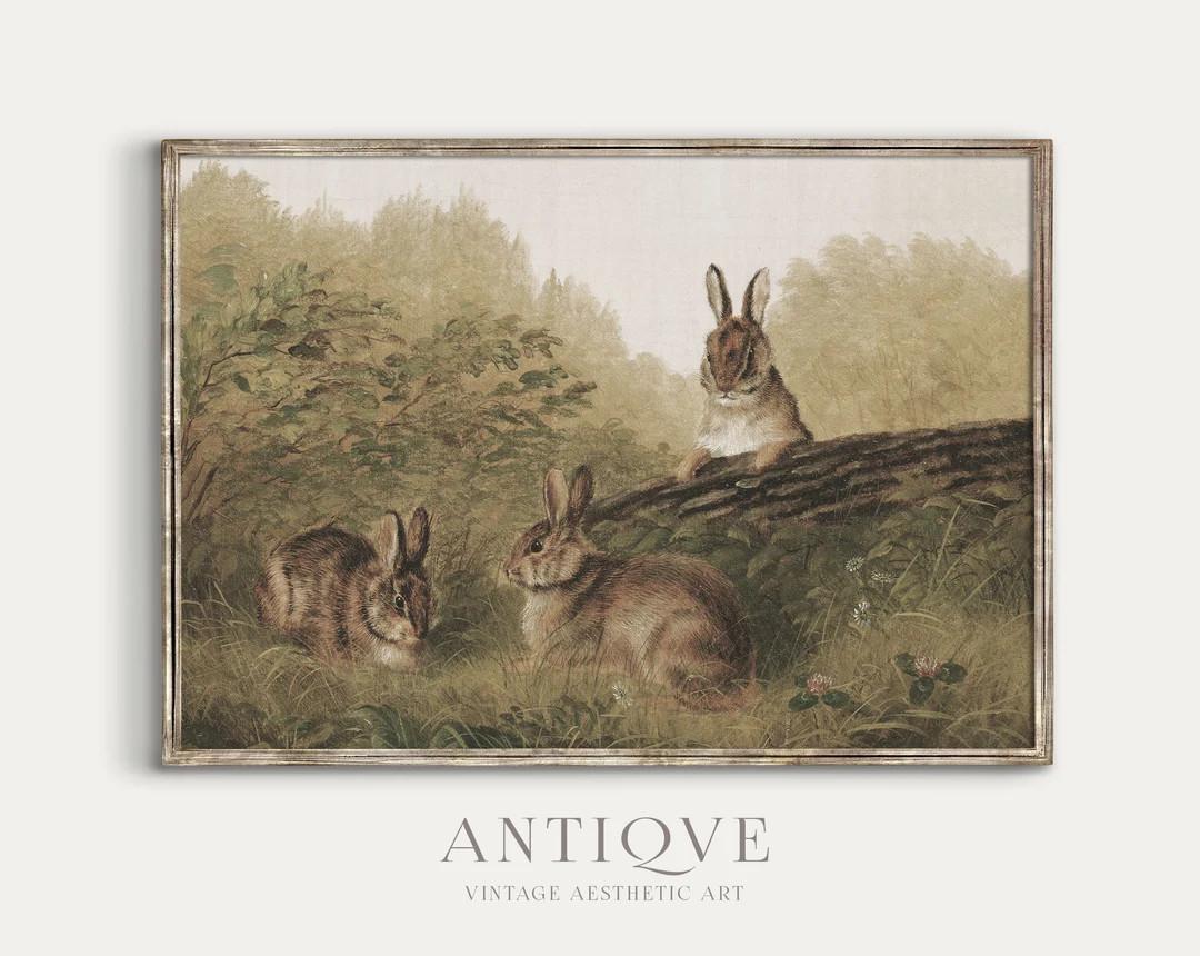 Vintage Country Art Brown Bunnies Painting Muted Colors Easter Art Spring Bedroom Art Print Print... | Etsy (US)
