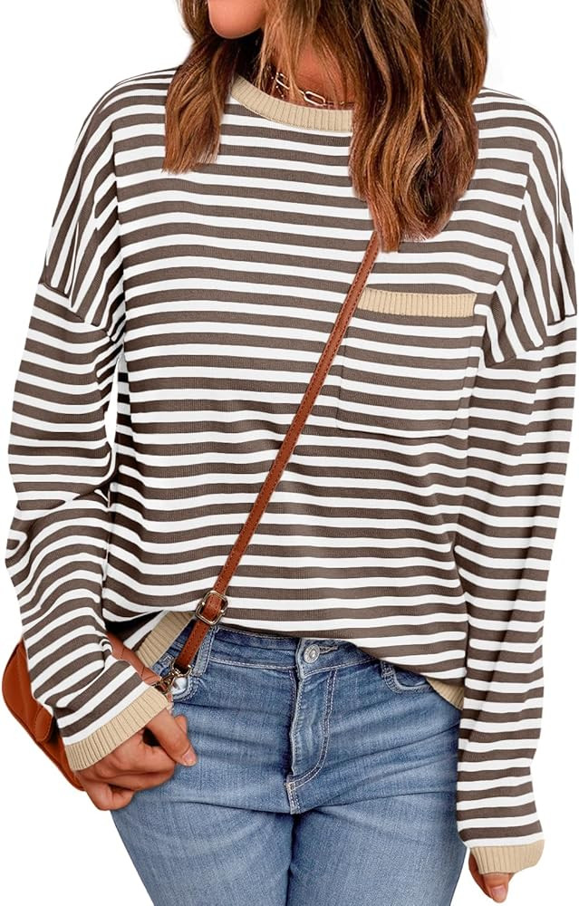 LILLUSORY Womens Striped Soft Knit Pullover Sweater Loose Fit Shirts with Chest Pocket | Amazon (US)