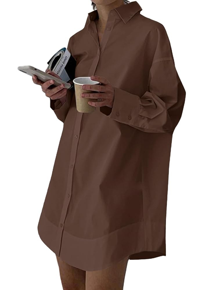 LYANER Women's Casual Shirt Dress Collar V Neck Button Down Loose Long Sleeve Mini Dresses | Amazon (US)