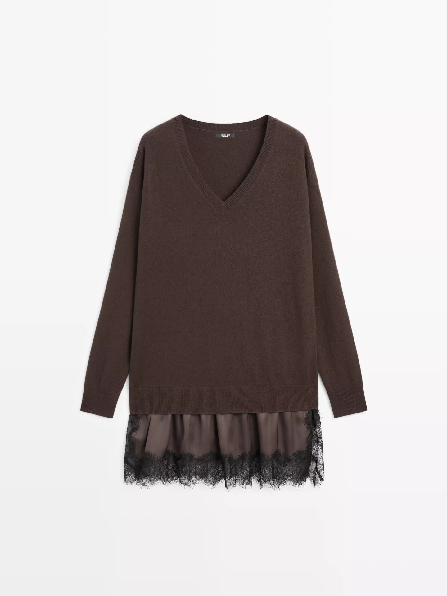 Long knit sweater with contrast lace | Massimo Dutti UK