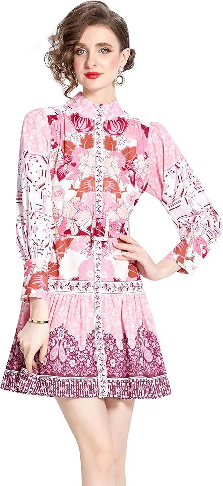 LAI MENG FIVE CATS Women's Floral Print Button up Lantern Sleeve Casual Shirt Dress A-line Mini D... | Amazon (US)