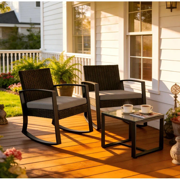 Lofka 3 Piece Patio Furniture Set, All Weather Wicker Outdoor Rocking Chair Set with Thick Soft C... | Walmart (US)