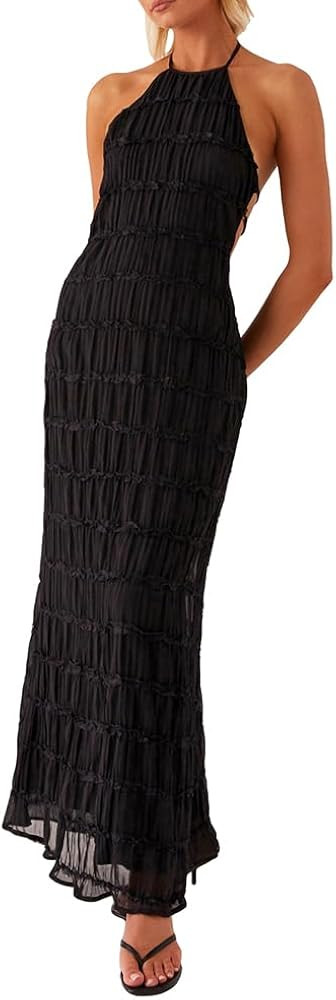 Women Halter Tie Back Pleated Long Dress Backless Going Out Cocktail Maxi Dresses | Amazon (US)