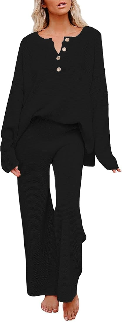 Viottiset Women's 2 Piece Outfits Sweatsuit Knit Long Sleeve Sweater Wide Leg Pants Loungewear | Amazon (US)