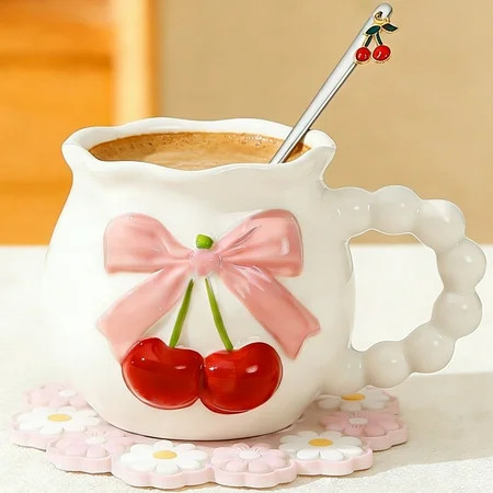 Farcauo 11.5 OZ White Bow Cherry Coffee Mug Coquette Porcelain Coffee Tea Cup Ceramic Coffee Cup Bow Cute mug Personalized Mug for Women Girl | Walmart (US)