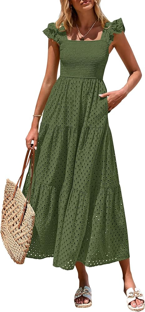 PRETTYGARDEN Womens Summer Square Neck Maxi Dresses Cap Sleeve Eyelet Smocked Tiered A Line Flowy... | Amazon (US)