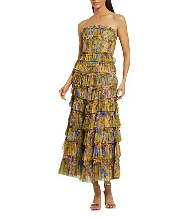 Mac Duggal Mesh Floral Print Strapless Neck Sleeveless Micro Ruffle A-Line Midi Dress - 6 | Dillard's