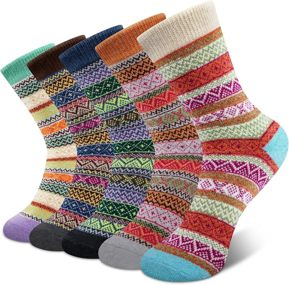 YSense 5 Pairs Womens Wool Socks Thick Knit Warm Winter Socks Cozy Comfy Socks Gifts for Women | Amazon (US)