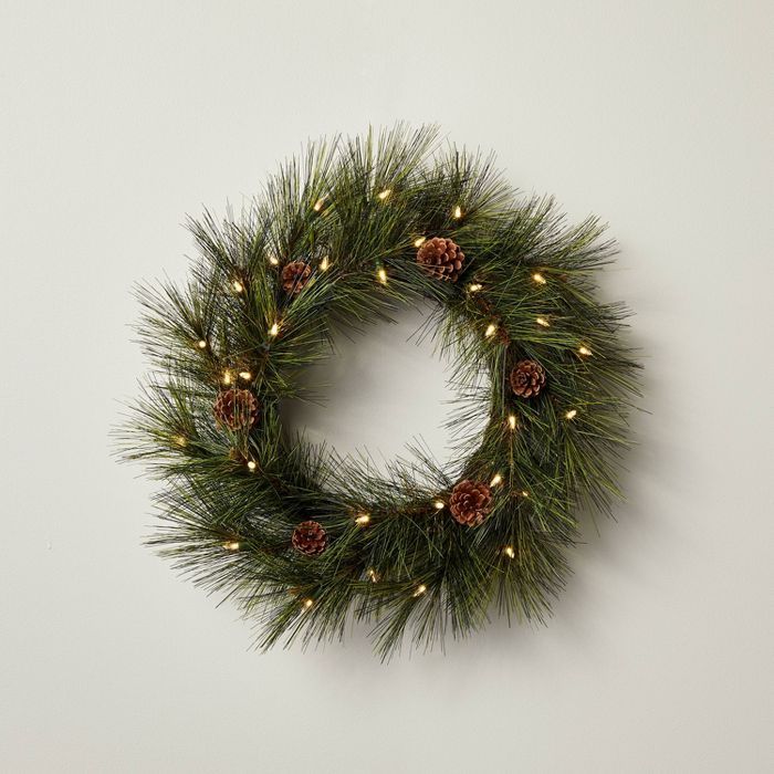24" Pre-Lit LED Faux Needle Pine Plant Wreath with Pinecones - Hearth & Hand™ with Magnolia | Target