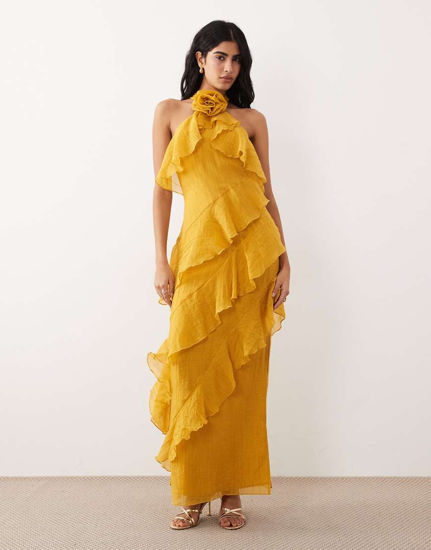 Pretty Lavish corsage halterneck asymmetric tiered ruffled maxi dress in yellow ocher | ASOS (Global)