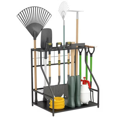 Outsunny Garden Tool Organizer for Garage, 3 Tier Yard Tool Storage Rack with Hooks, Orange | Target