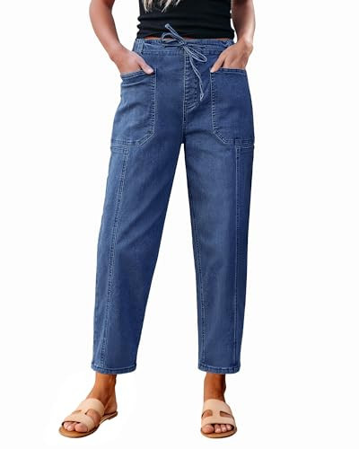 luvamia Blue Jeans for Women High Waisted Pull On Jeans for Women Women's Relaxed Fit Barrel Leg Pants Womens Stretchy Denim Cute Baggy Pants Medium Blue Size Medium Fits US 8-10 | Amazon (US)