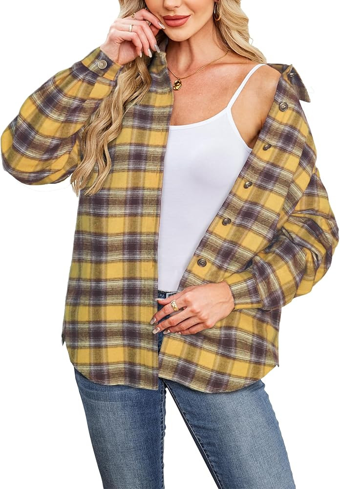 Besshopie Button Down Plaid Flannel Shirts for Women Long Sleeve Shacket Oversized Casual Blouses... | Amazon (US)