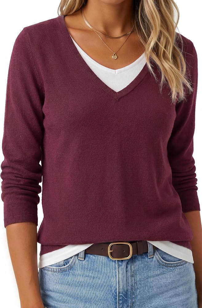 Arach&Cloz Women's Wool Blend 2 in 1 Patchwork V Neck Casual Sweater Tops | Amazon (US)