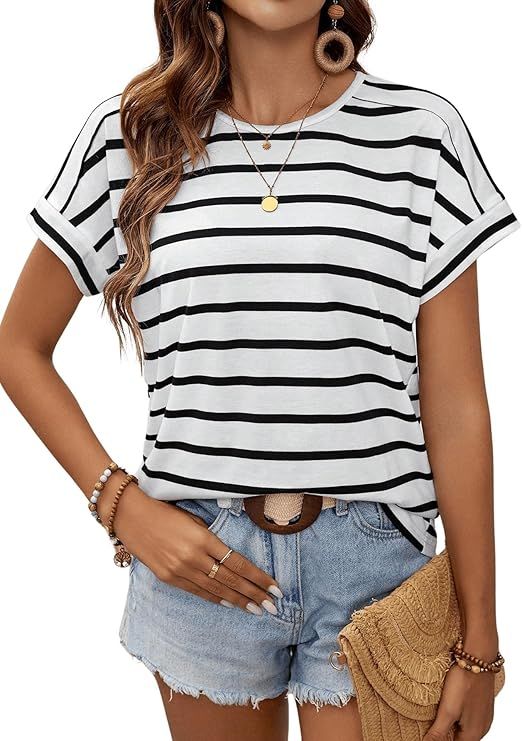 Women's Summer Tee Tops Stripe Print Short Sleeve Round Neck Tee Shirt Loose Casual Tunic Tops | Amazon (US)