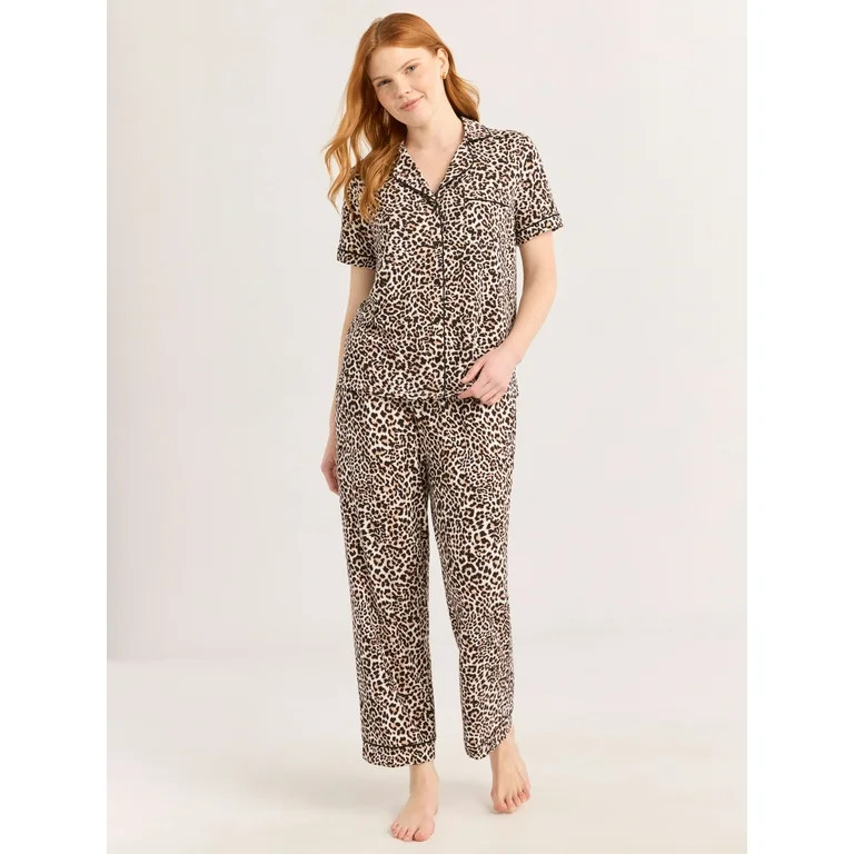 Joyspun Women's Notch Collar Short Sleeve Knit Top & Capri Pajama Set, 2-Piece, Sizes XS-3X | Walmart (US)