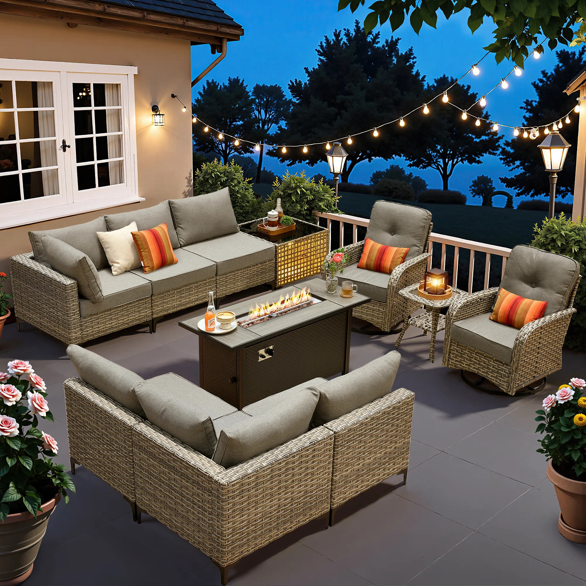Sorella 11-Piece PE Wicker Outdoor Patio Furniture Set with 54" Propane Fire Pit Table & Solar-Po... | Wayfair North America