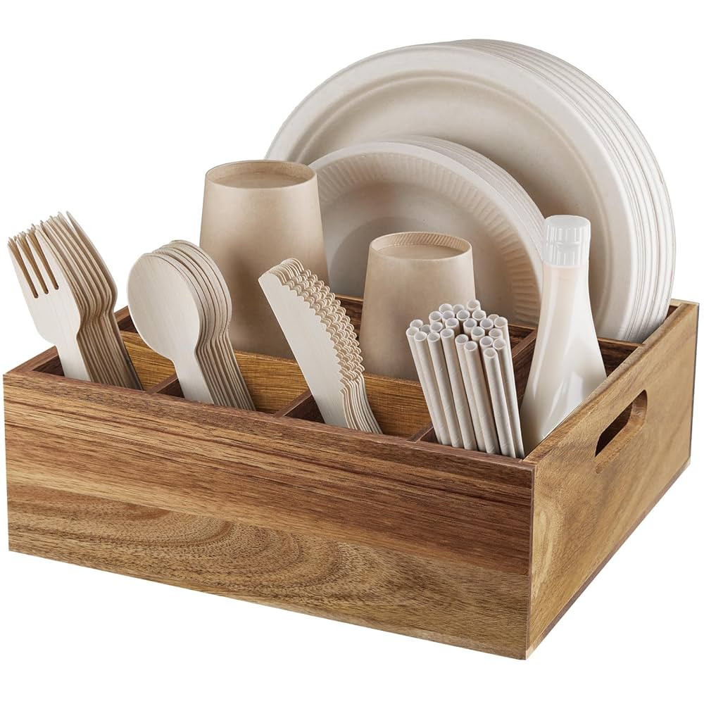 ALELION Acacia Wood Utensil Holder for Party - Paper Plate Organizer for Countertop - Silverware ... | Amazon (US)