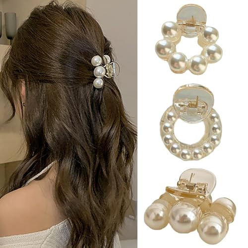 Pearl Hair Claw Clips for Women, 3 Pcs, Small Pearl Hair Clips, Nonslip, Strong, High Ponytail Holder, Thick Thin Hair Jaw Clips, Horsetail Clamps, Hair Accessories | Amazon (US)