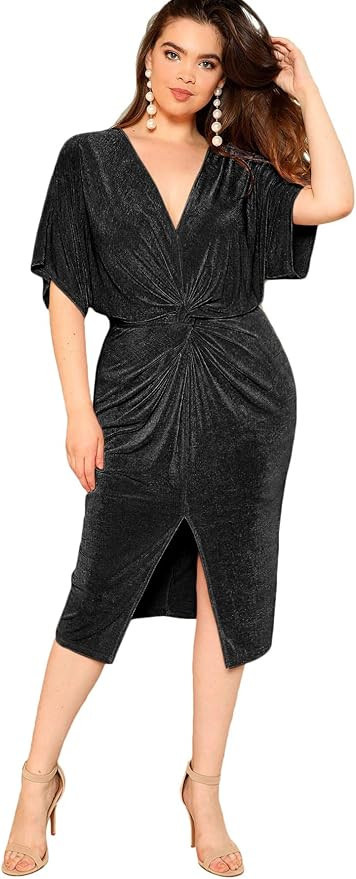 Floerns Women's Short Sleeve V Neck Twist Front Split Midi Dress | Amazon (US)