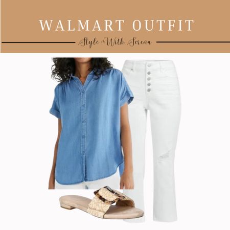 Walmart outfit, Walmart finds, Walmart fashion, Walmart, white denim, white jeans, sandals, denim shirt, denim blouse 

#LTKstyletip #LTKfindsunder50 #LTKSeasonal