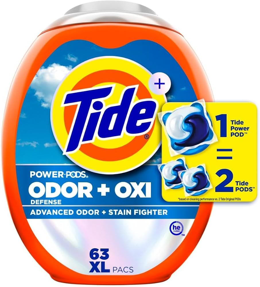 Tide Odor Defense + Oxi Laundry Detergent Pacs, Original Scent, 63 Count, Advanced Odor + Stain F... | Amazon (US)