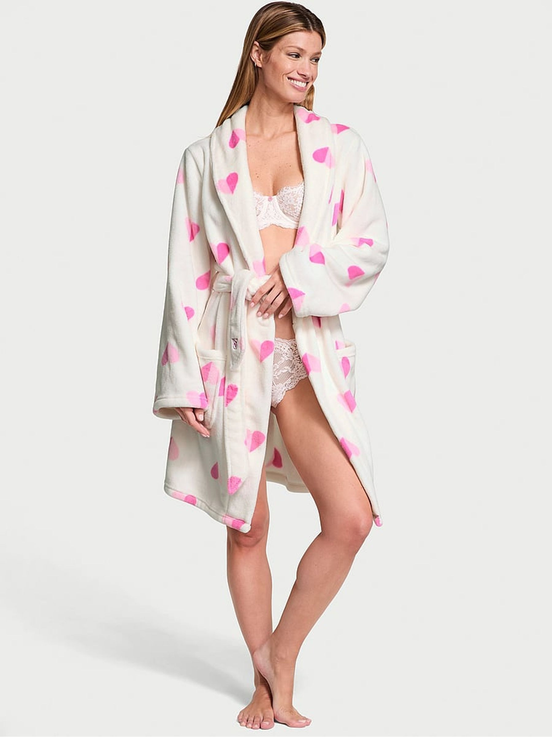 Coconut White & Pink Hearts Cosy Short Dressing Gown | Victoria's Secret UK | Victoria's Secret UK