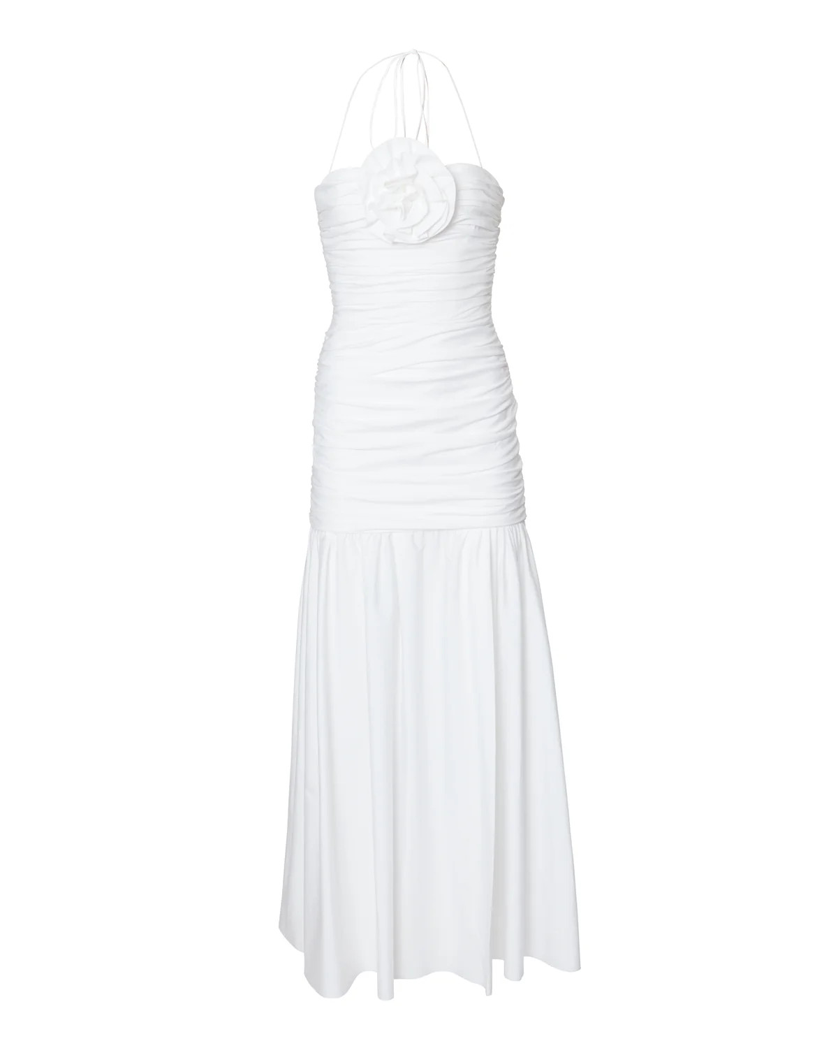 Halter Gathered Bodice Drop Waist Midi Dress with Floral Applique | Over The Moon