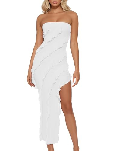 HOCILLE Women's Sexy Strapless Tube Bodycon Ruffle Split Long Cocktail Party Dresses | Amazon (US)