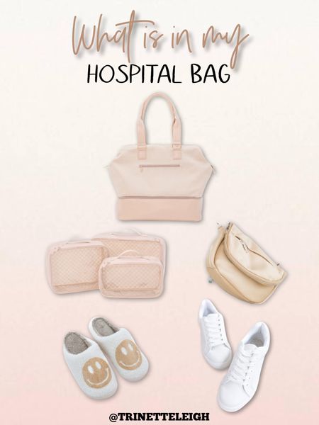 Items for hospital bag when having a baby. Taupe weekender bag. Taupe packing cubes. Nude active shoulder bag. Taupe smiley face fuzzy slippers. White sneakers.

#LTKBump #LTKBaby #LTKItBag