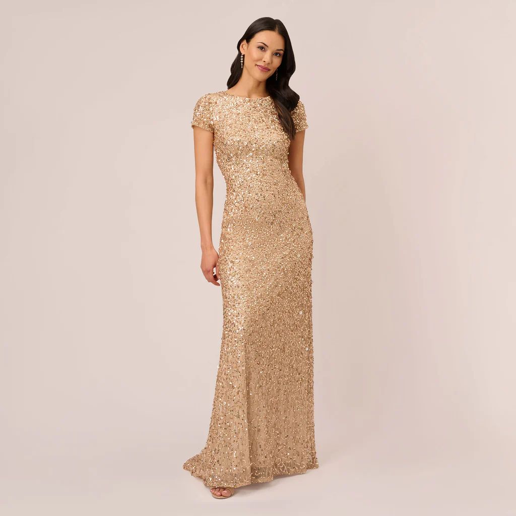 Scoop Back Sequin Gown In Champagne Gold | Adrianna Papell