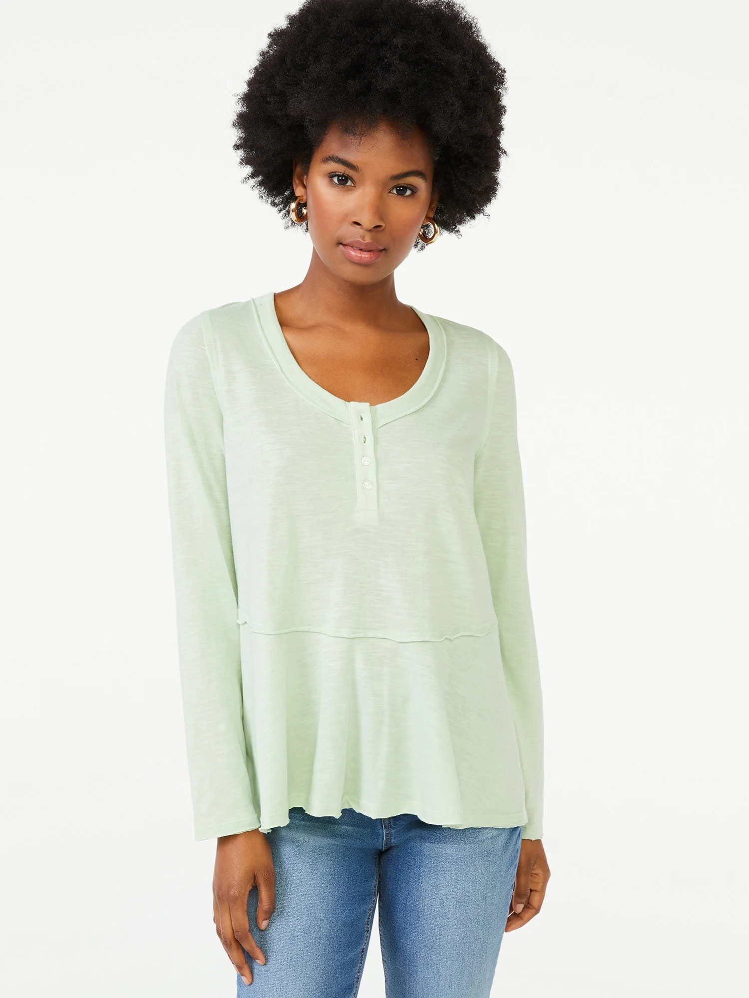 Scoop Women's Semi Sheer Curved Henley Top - Walmart.com | Walmart (US)