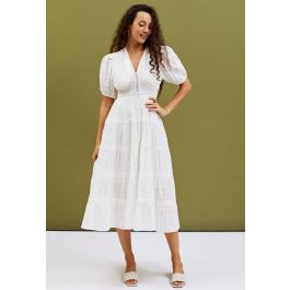 Scalloped V-Neck Checked Midi Dress in White | Chicwish