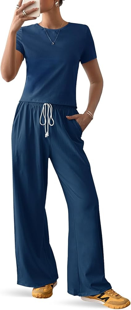 Fisoew Lounge Sets for Women Casual Workout Set Short Sleeve Crop Tops and Wide Leg Sweatpants Tr... | Amazon (US)